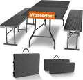NewHabitat Kunststoff Bierzeltgarnitur Klappbar I 3er Set, Tisch, HxBxT: 75 × 180 × 75 cm (Schwarz), Tisch + 2 x Bank mit Tragegriffe