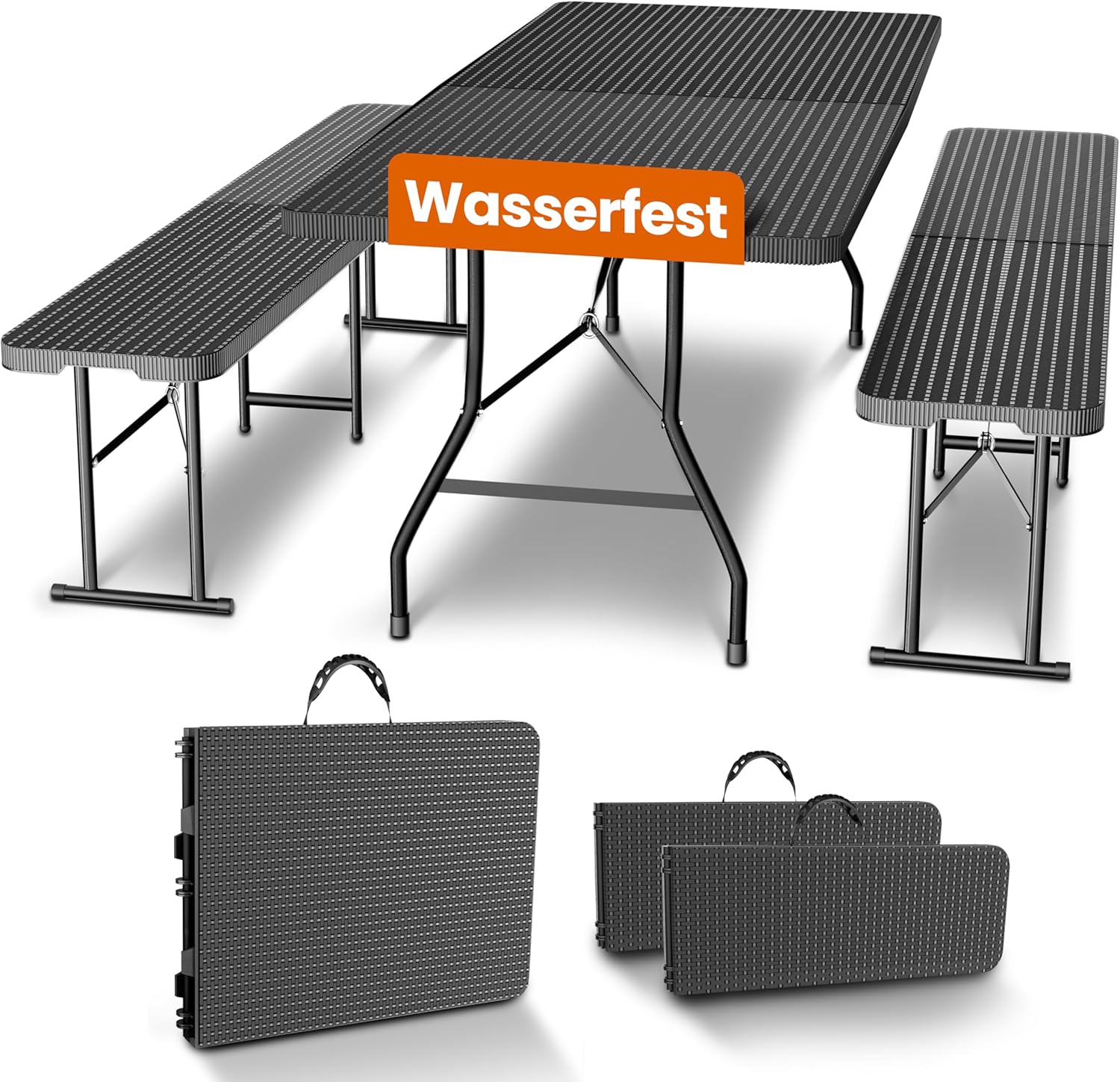 NewHabitat Kunststoff Bierzeltgarnitur Klappbar I 3er Set, Tisch, HxBxT: 75 × 180 × 75 cm (Schwarz), Tisch + 2 x Bank mit Tragegriffe