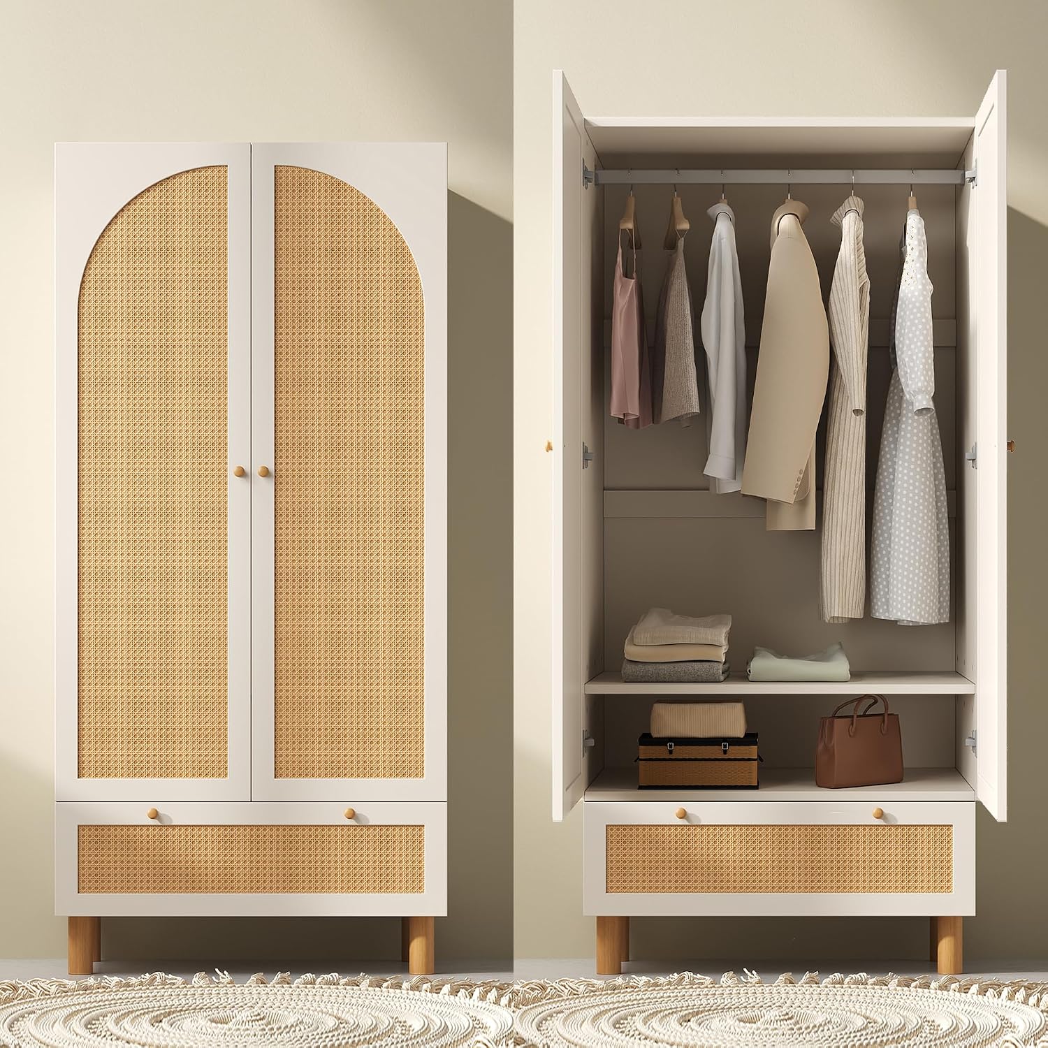 Kleiderschrank Garderobenschrank mit 2 Türen & Rattan, 180 × 85 × 52 cm (H/B/T)