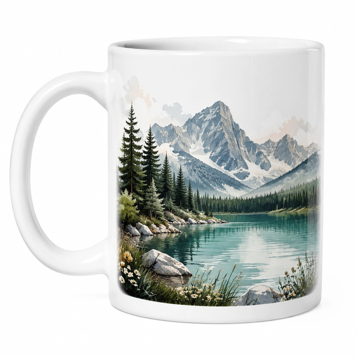 Weiße Keramiktasse mit Berglandschaftsmotiv 350 ml