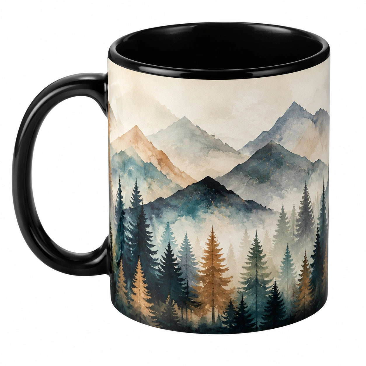 Keramiktasse mit Berg- und Waldbild, 350 ml, Schwarz