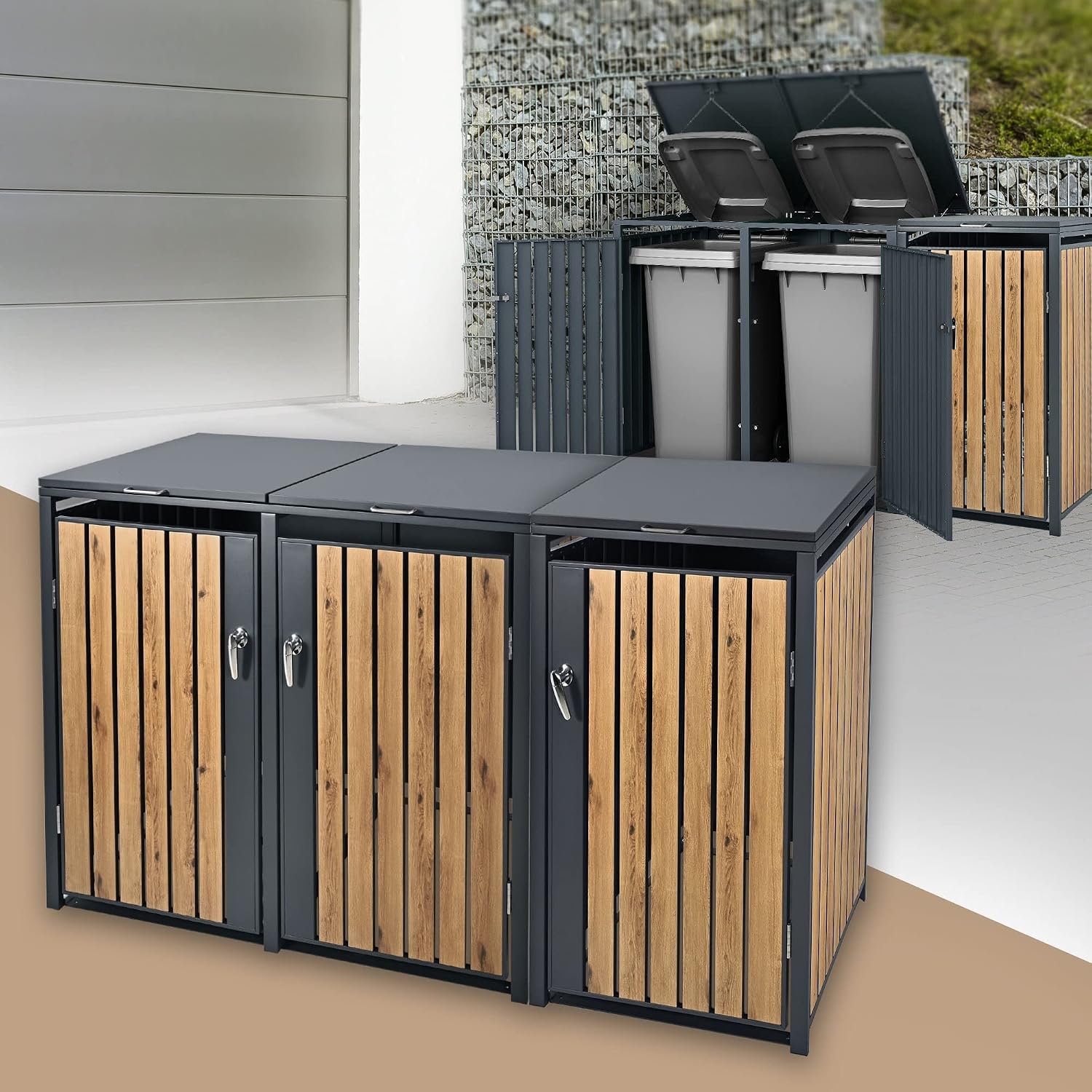 ML-Design Mülltonnenbox 3er 240L, 200 × 80 × 116,3 cm Anthrazit-Holzoptik, Stauraum, Mülltonnenverkleidung für 3 Mülltonnen, Müllbox wetterfest