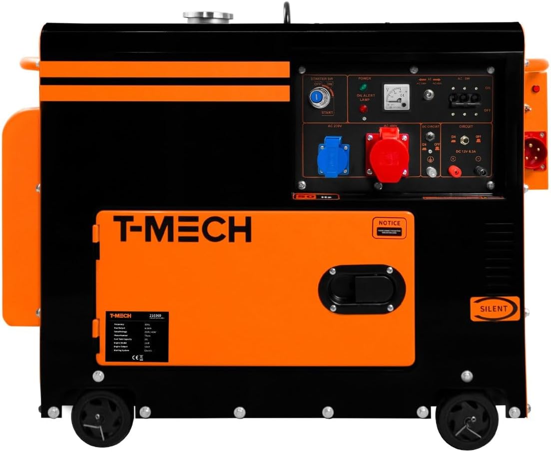 Dreiphasiger Dieselgenerator mit ATS und Elektrostart, 6,5 kVA/6.500 W, 230/400 V, 13 PS, 20-l-Tank, geschlossener Rahmen, fahrbar