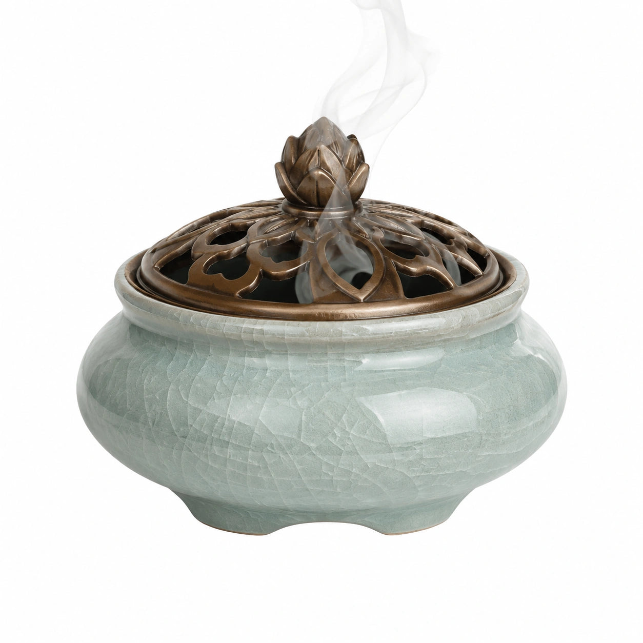 Lotus-Räuchergefäß aus Keramik in Grün und Bronze