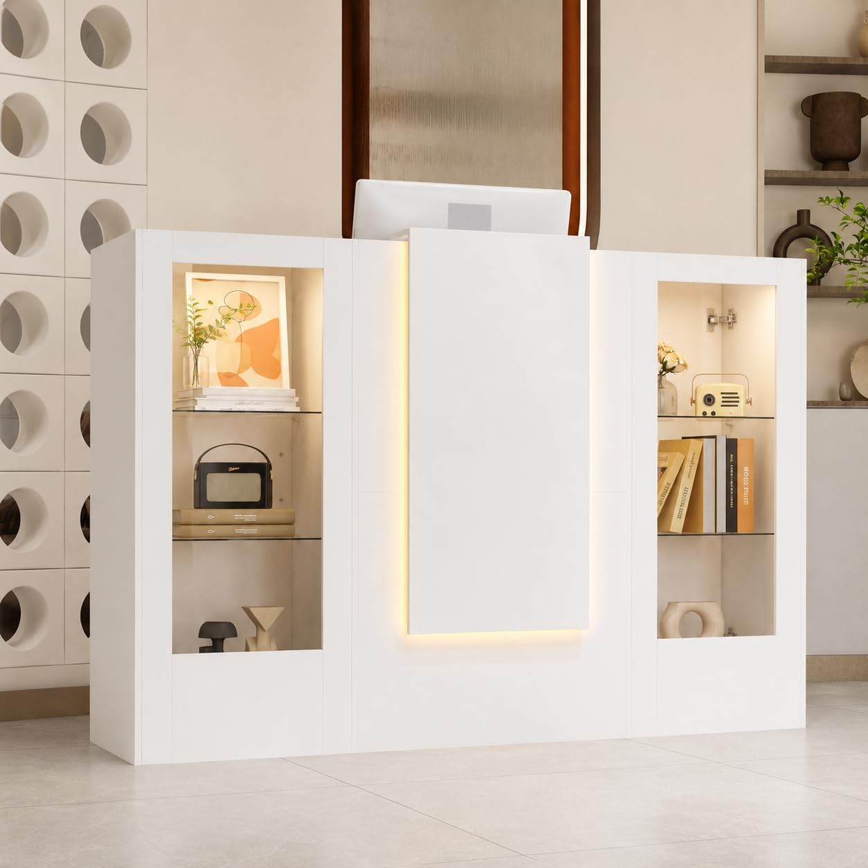 Caldion Empfangstheke mit LED-Beleuchtung Tisch, 150 × 51 × 103 cm, LED-Beleuchtung, Stauraum, Empfangstresen mit Tatsaturschublade