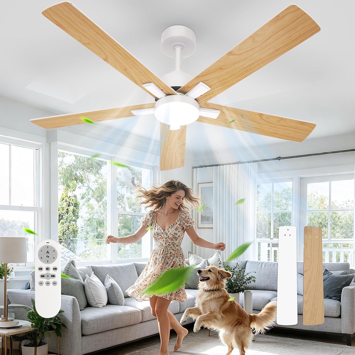Comely Deckenventilator, 132 cm, 38,6 W, 3 Farbtemperatur, Deckenlampe mit Ventilator mit 6 Geschwindigkeiten, Naturholz, Vor- und Rücklauf