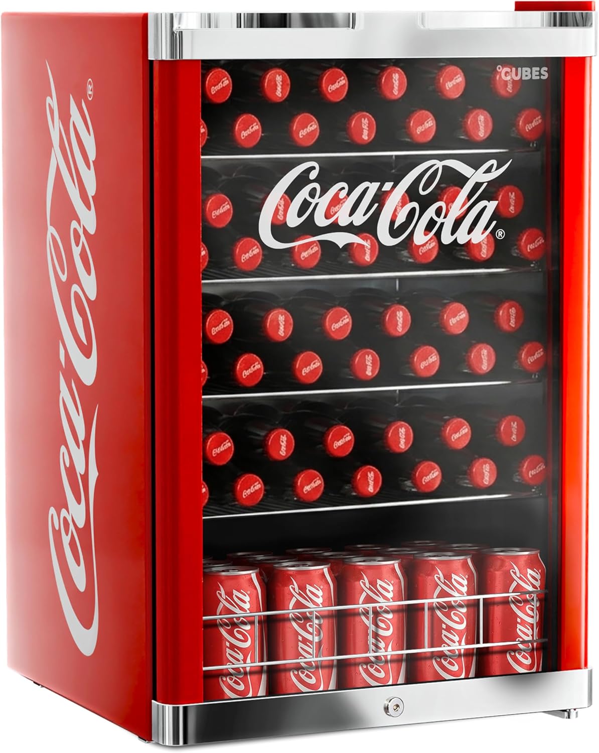 CUBES Coca Cola Kühlschrank, 84,5 cm hoch, Getränkekühlschrank groß mit Glastür, 104 kWh/Jahr, Flaschenkühlschrank groß