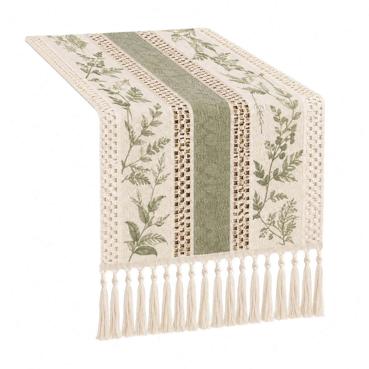 Tischläufer mit Blattmuster und Quasten, Grün/Beige, 150x35cm