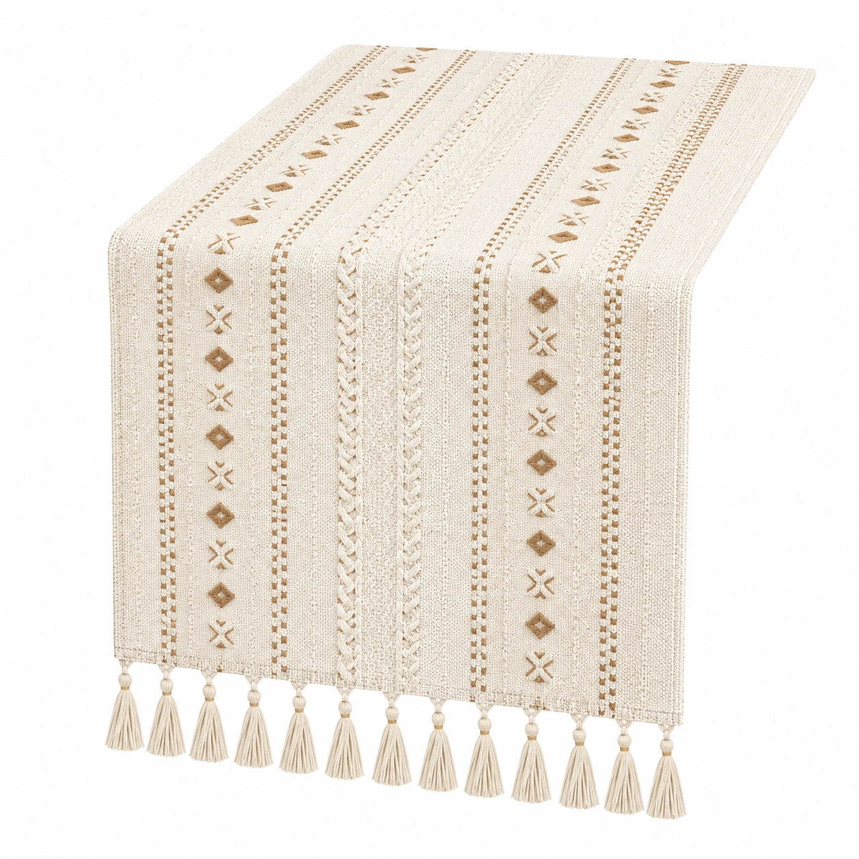 Tischläufer mit Ethno-Muster und Quasten in Beige