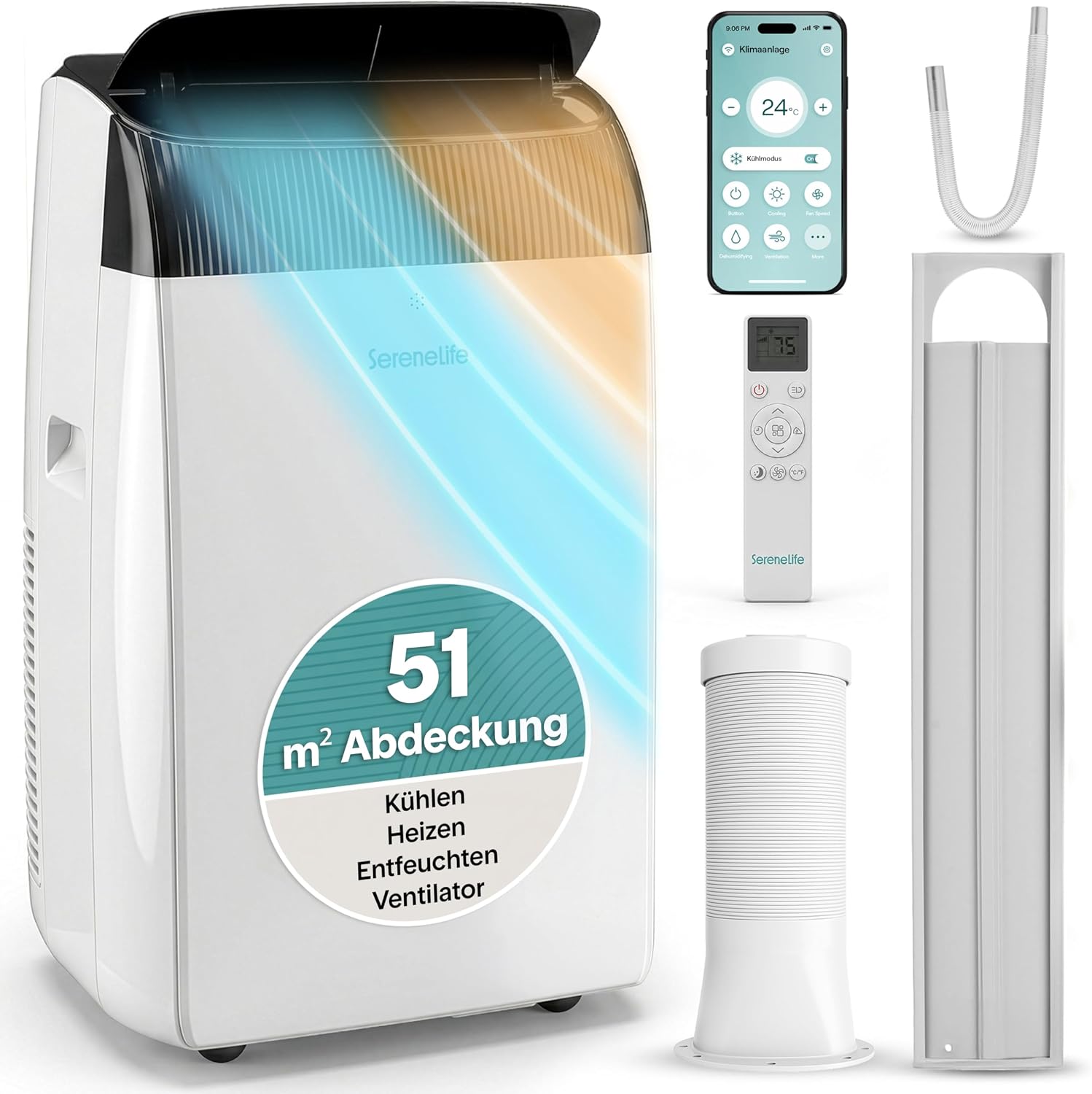 SereneLife klimagerät, 12000 BTU WLAN, 3,52 kW Kühlleistung für Räume bis 35 m², 51 dB, Timer und Fensterkit, Fernbedienung, App-Steuerung, bis 35m²