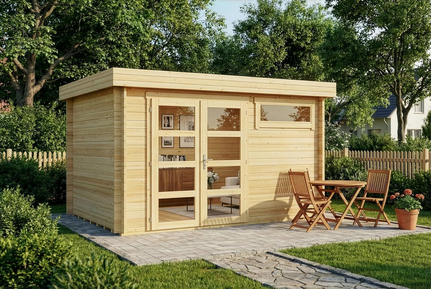 Gartenhaus Leandro mit Fußboden aus Holz, Gerätehaus 394 × 268 cm mit 28 mm Wandstärke in Naturbelassen, Stauraum