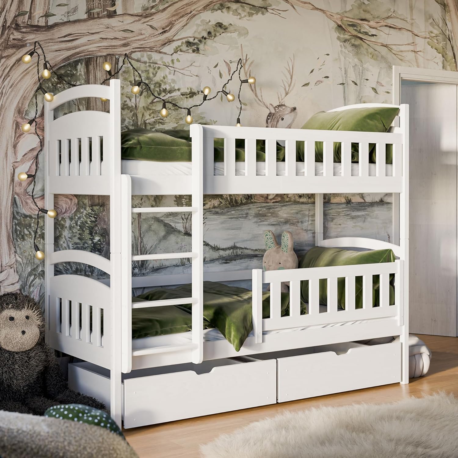 Kids Collective Hochbett 90 × 200 cm Etagenbett mit, Funktionsbett Kinderbett weiß 90 × 200 cm von 4. bis 18. Lebensjahr, Stauraum