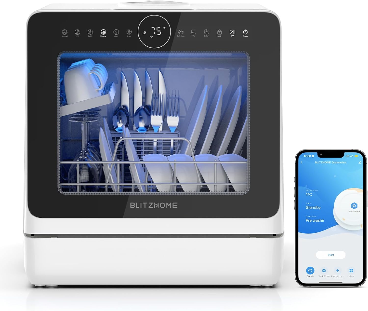 Mini Spülmaschine, BLITZHOME Geschirrspüler, App-Steuerung