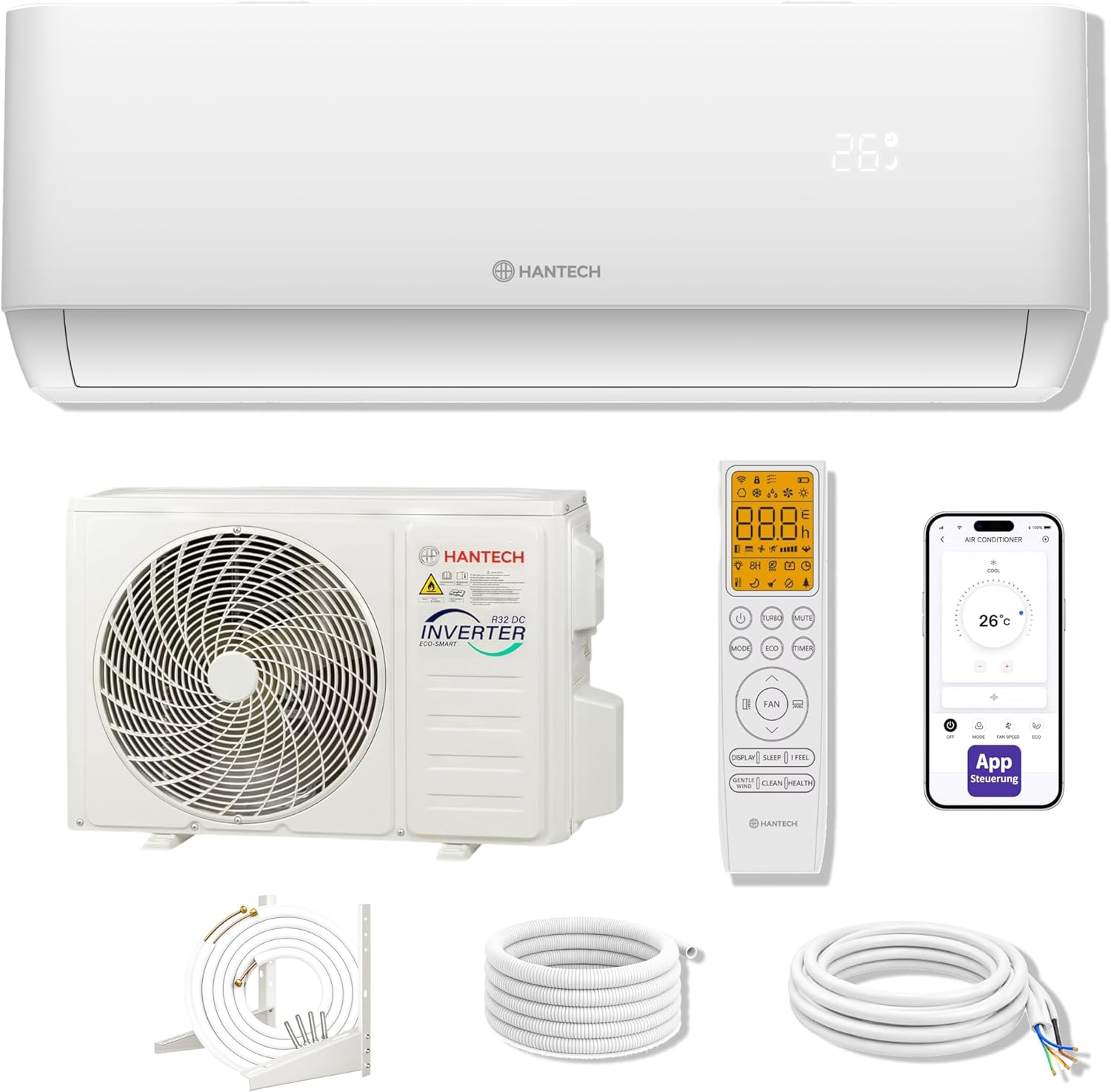 Split Klimaanlage, Fernbedienung, App-Steuerung, Timer, Montagematerial, Entfeuchten, Filter