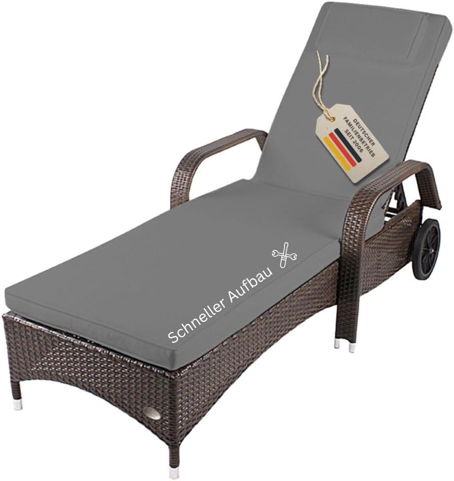 RS Trade Sonnenliege Gartenliege Toscana Wetterfest mit Rollen Tisch, Polyrattan Rattan Liege Outdoor mit Armlehne, wetterbeständig