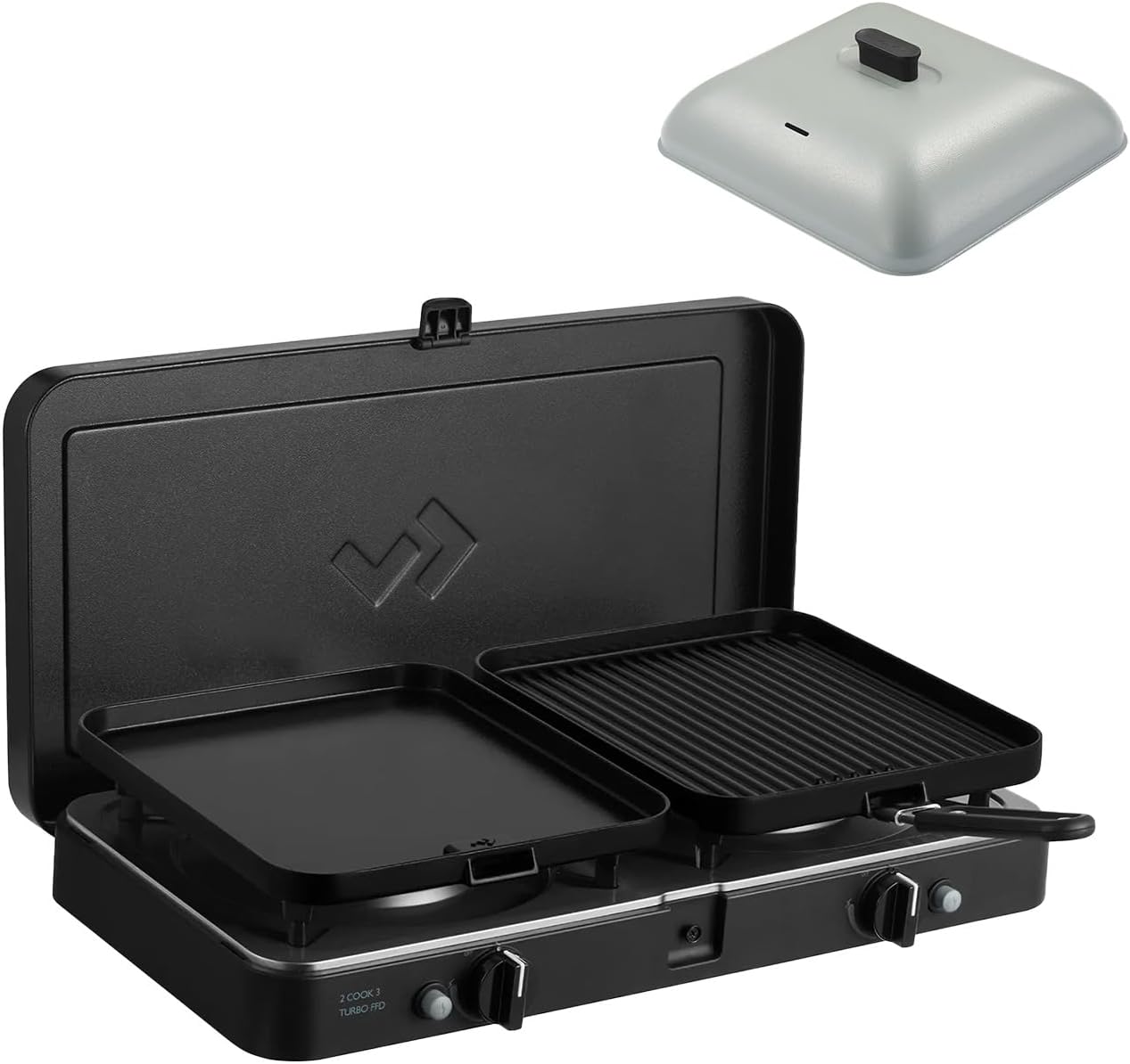 CADAC Grill, 2 Cook 3 Turbo Deluxe und Universelle Grillkuppel, Gas Tischgrill mit 2 Brennern und Aluminium Grilldeckel, 50mBar
