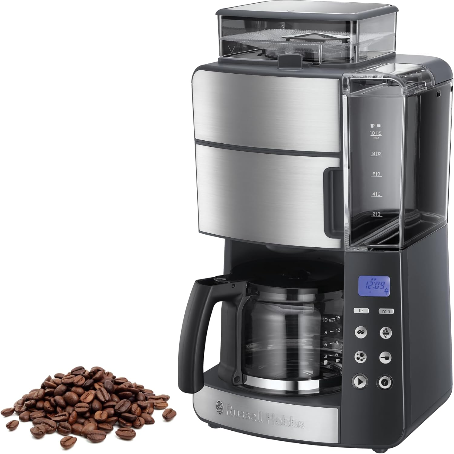 Russell Hobbs Kaffeemaschine, 25 l, Timer, Brausekopf für opt. Extraktion & Aroma Grind&Brew (1 bis 10 Tassen