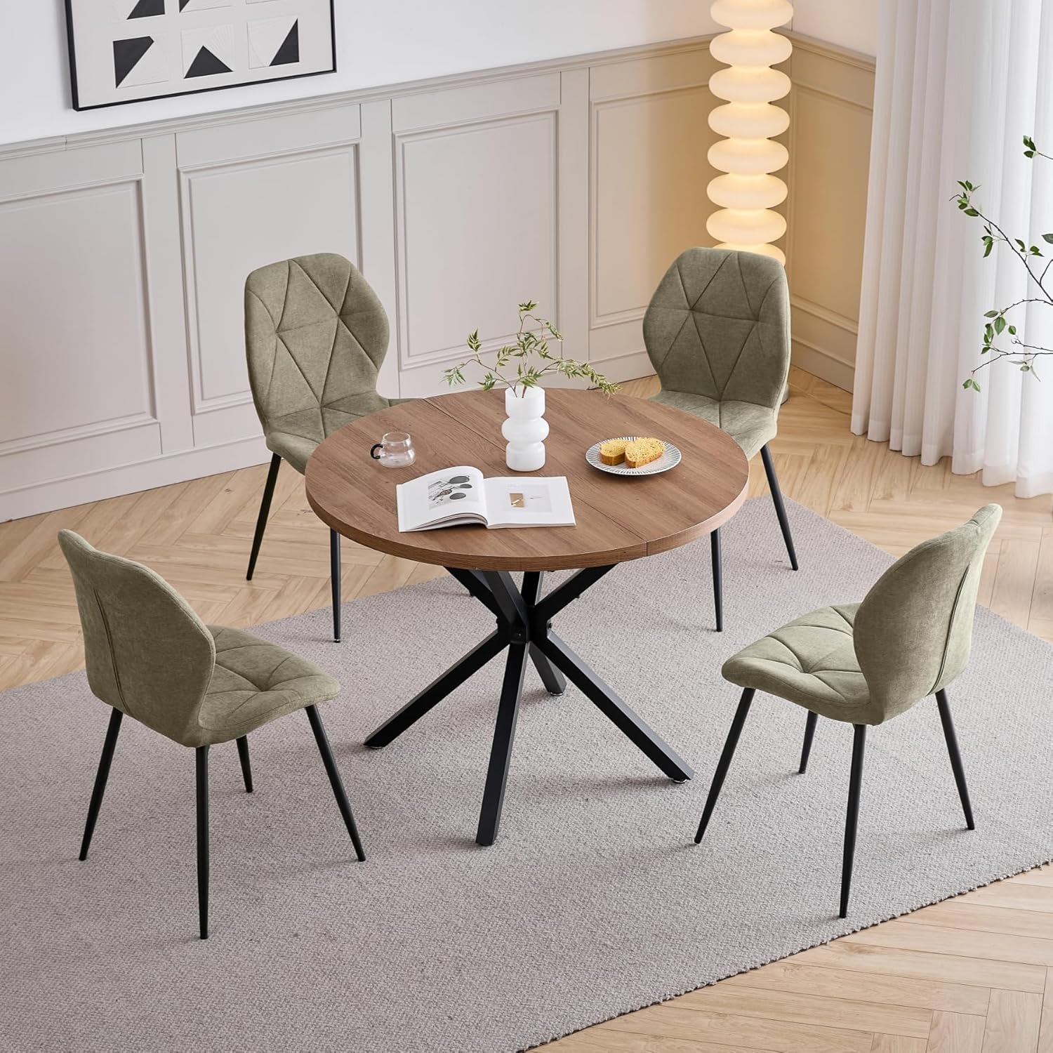 Esstisch und Stuhlset, 100 cm Runder Esstisch und 4 Moderne Leinenstühle
