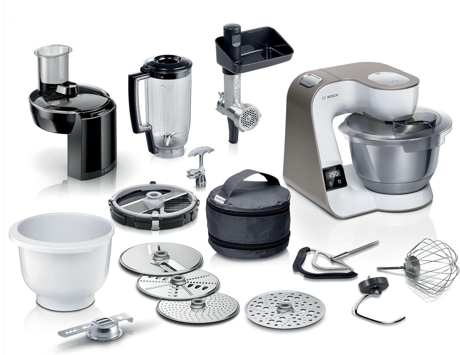 Bosch Küchenmaschine Serie 4 mit Waage, 1000 W, (bis zu 2,7 kg Rührteig / 1,9 kg Hefeteig), 3,9 l, Edelstahl-Schüssel spülmaschinenfest, 3 Scheiben