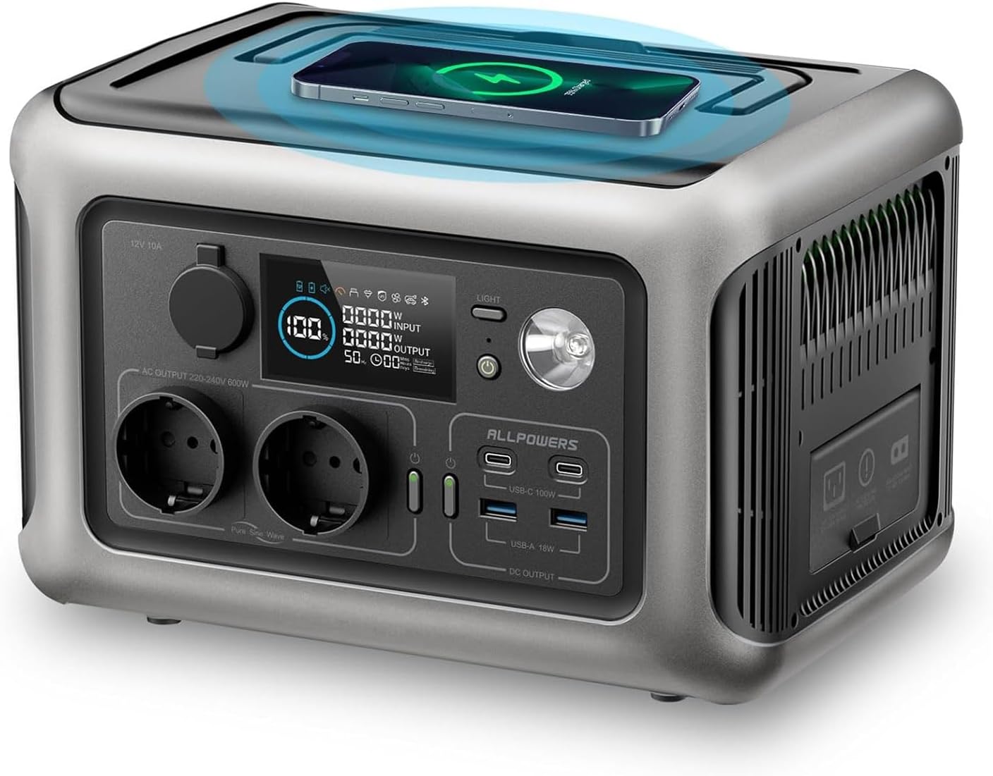 ALLPOWERS R600 tragbare LiFePO4-Powerstation, 299 Wh, 600 W Dauer/1.200 W Spitze, 2 AC-Ausgänge, 1-h-Schnellladung, App