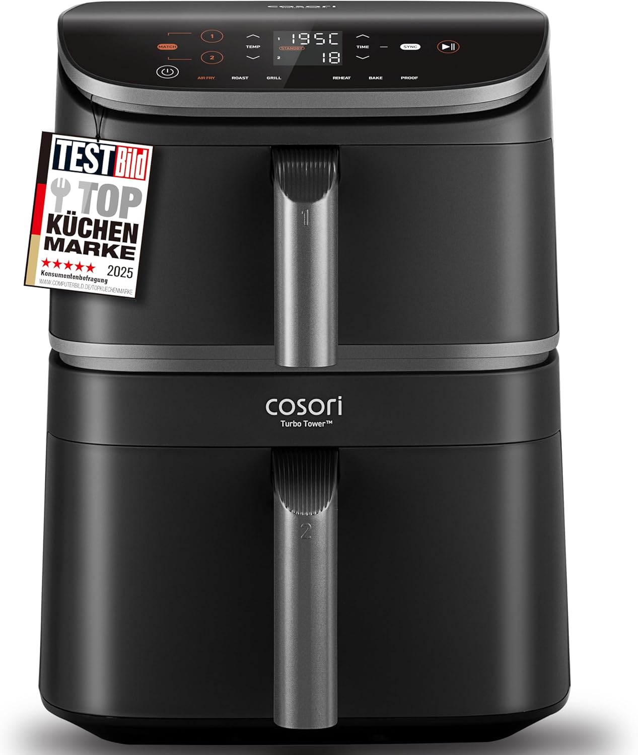 COSORI Airfryer, 10,8 L Heissluftfritteuse, Rezeptbuch und Edelstahl-Rost, Heißluftfritteuse 2 Kammern, Spart 41 Prozent Platz