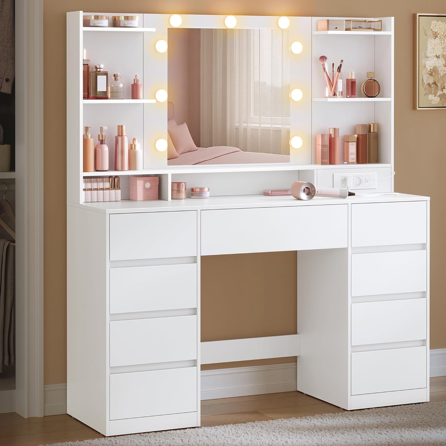 VASAGLE Kailyn Kollektion Tisch, Schminktisch mit Spiegel und LED-Leuchten, LED-Beleuchtung, Stauraum, 9 Schubladen, 9 dimmbare Glühbirnen