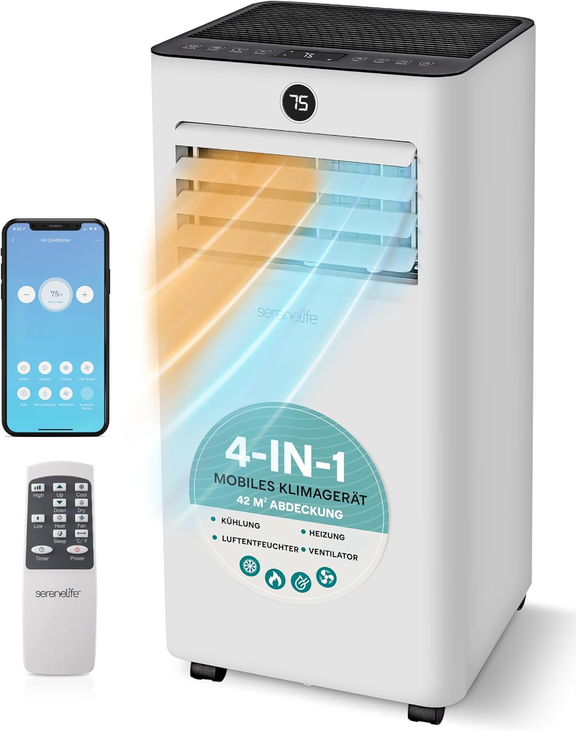 SereneLife Mobile Klimaanlage, 55 dB, 9000 BTU, 4-in-1 Klimagerät mit WLAN, 24h Timer, Fernbedienung, App-Steuerung, Kühlen, bis 31 m², Entfeuchten