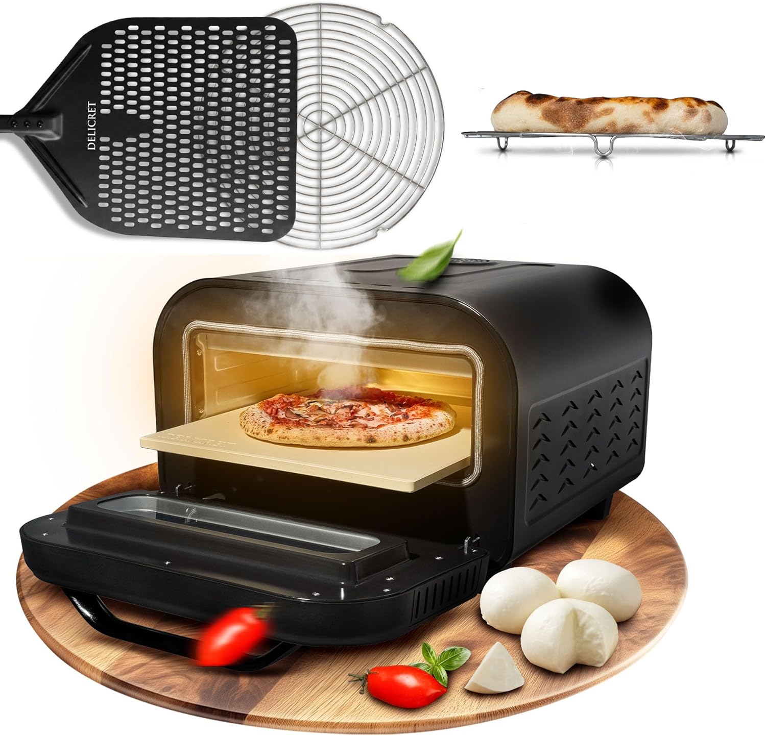 DELICRET elektrischer Pizzaofen 12' Tisch, bis zu 450, 1700 Watt