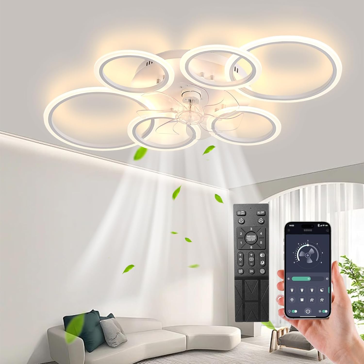 MiiR LED Deckenventilator, 110 CM Lampe mit Ventilator Und Fernbedienung APP, 105 W Deckenlampe Mit Ventilator Deckenventilator mit Licht