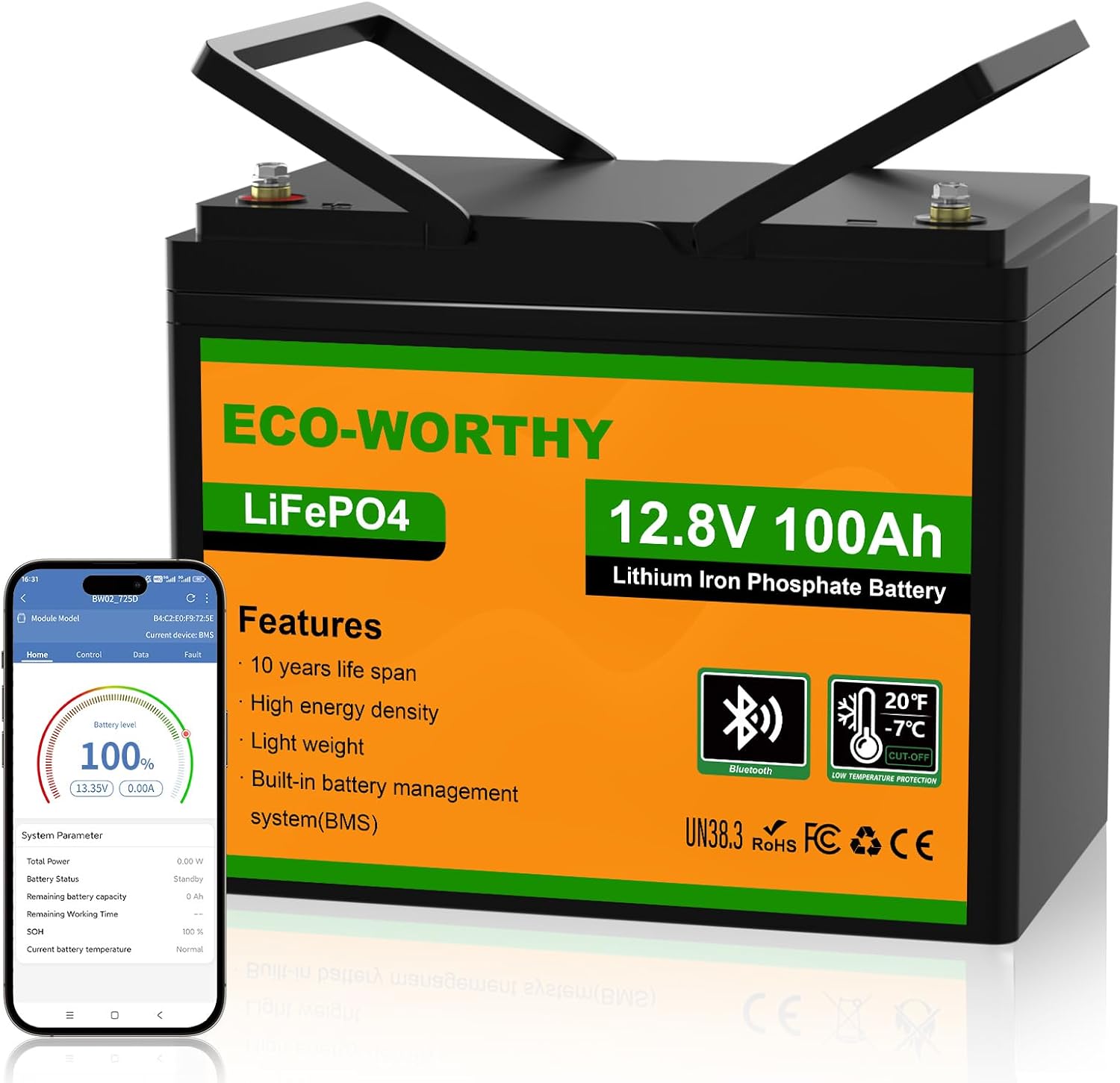 ECO-WORTHY LiFePO4 100Ah Bluetooth Tisch, App-Steuerung, 1280Wh Autobatterie für Wohnmobil, A-Grade Batterie Zellen hergestellt