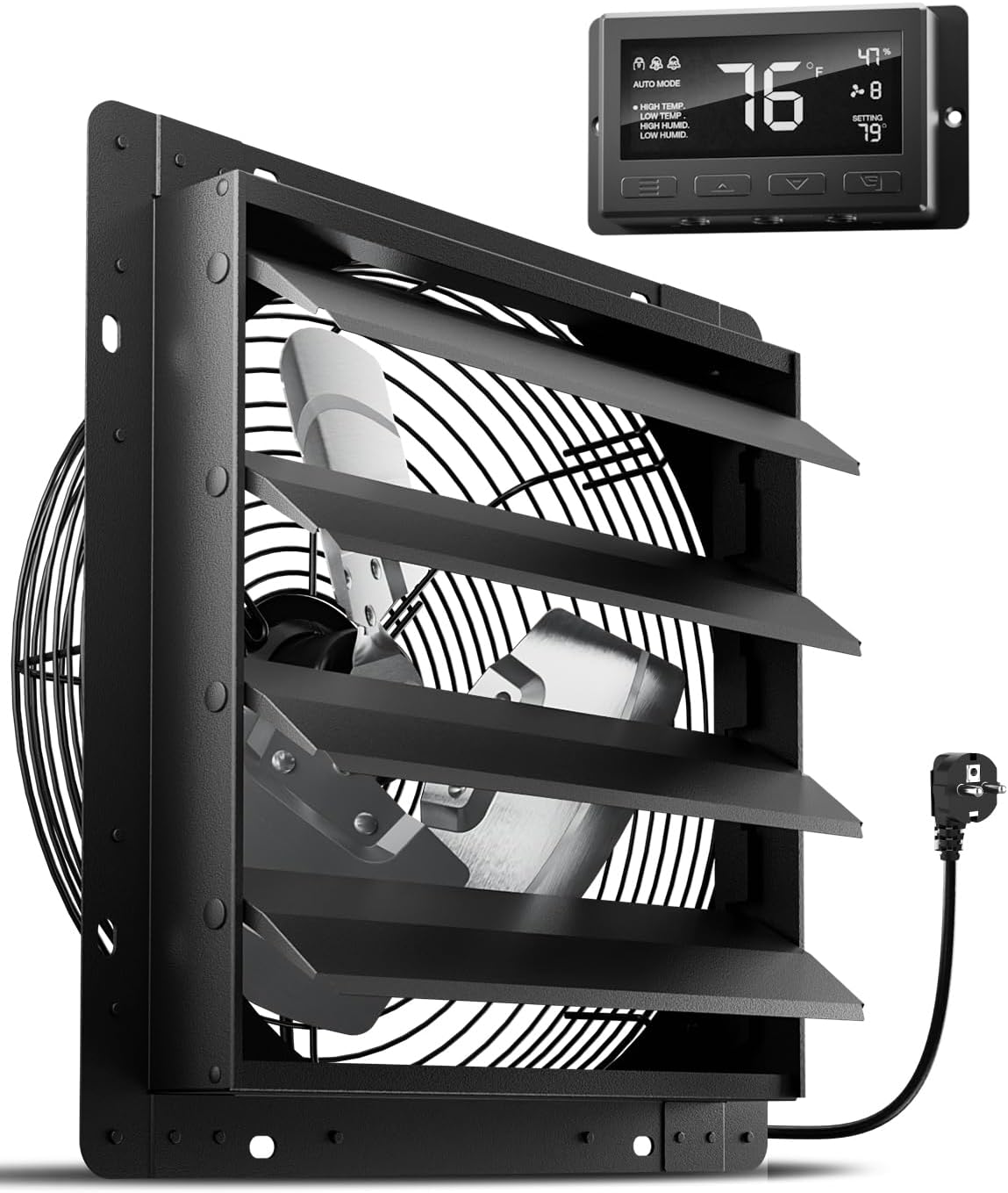 HG Power 350 mm Abluftventilator mit Temperatur und Feuchtigkeitsregler, Timer, Display