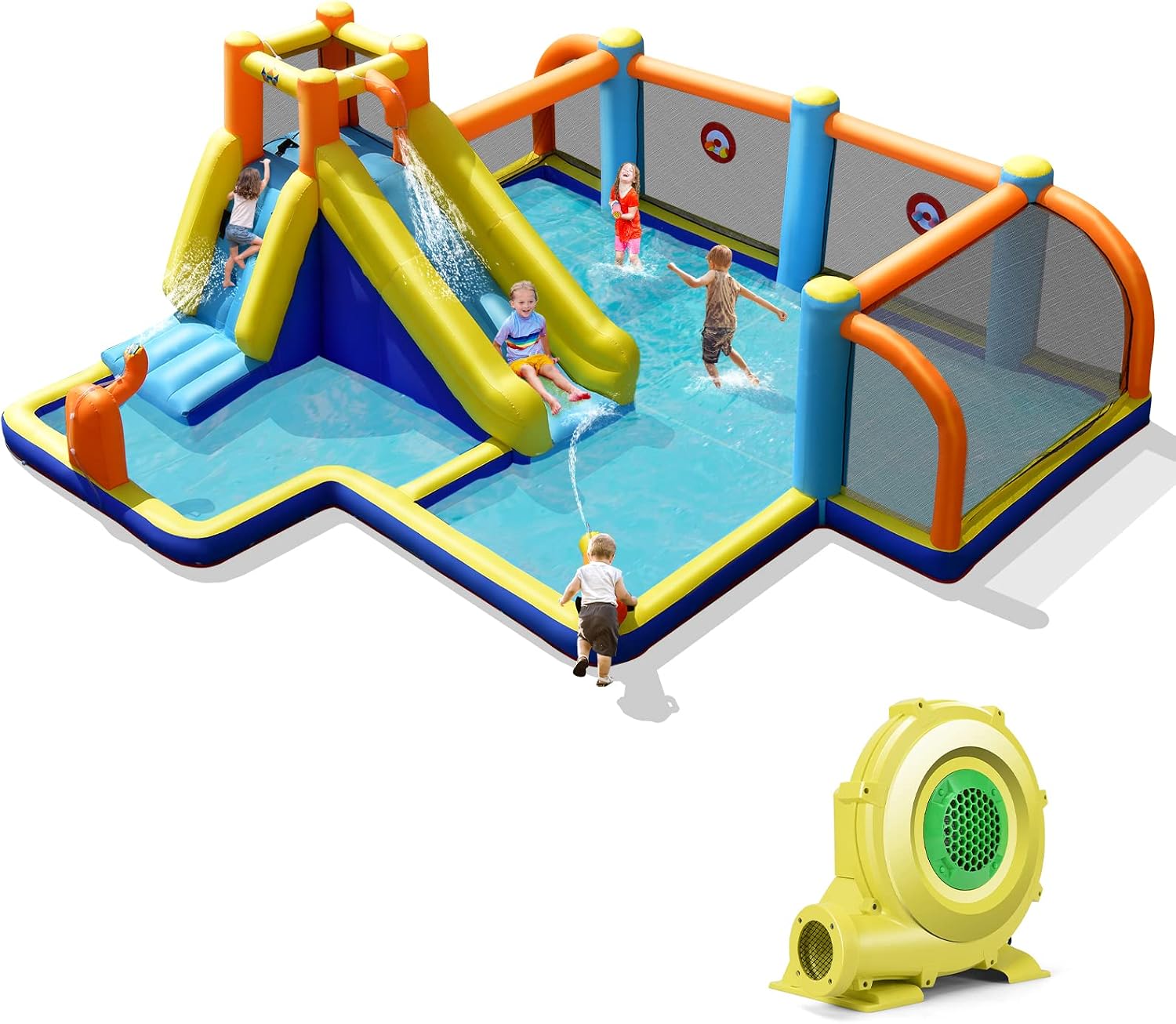 COSTWAY Aufblasbare Hüpfburg mit Gebläse Pool, Spielpool 500 × 465 × 200 cm
