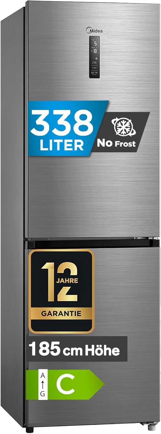 Midea Kühlschrank, 185 cm hoch, 216 L Kühlteil, 122 L Gefrierteil, 35 dB leiser Betrieb, Dual Inverter System, NoFrost