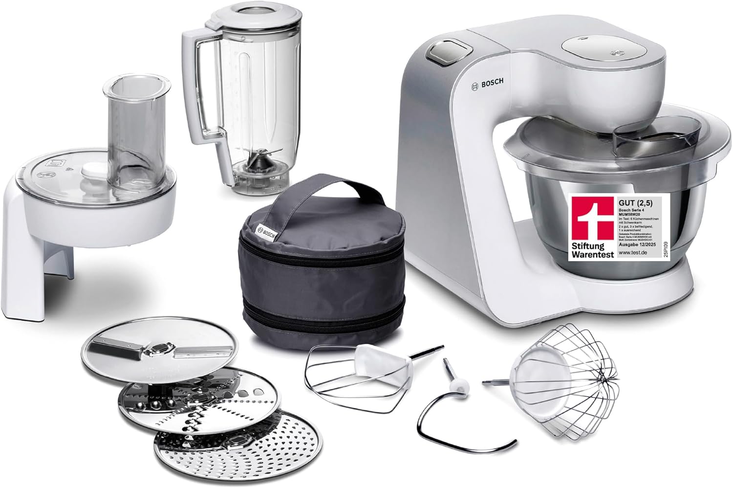Bosch Küchenmaschine Serie 4 Tisch, Edelstahl-Schüssel 3,9 L, Mixer 1,25 L, 1000 W, 1.000 W, Schlag- und Rührbesen Edelstahl spülmaschinenfest