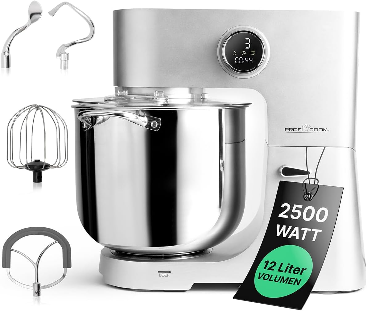 ProfiCook Küchenmaschine mit XXL 12L Schüssel, Knetmaschine mit 2500 W, Food Processor für bis zu 8,5 kg Teig, 12 L, Metallgetriebe und LED-Display