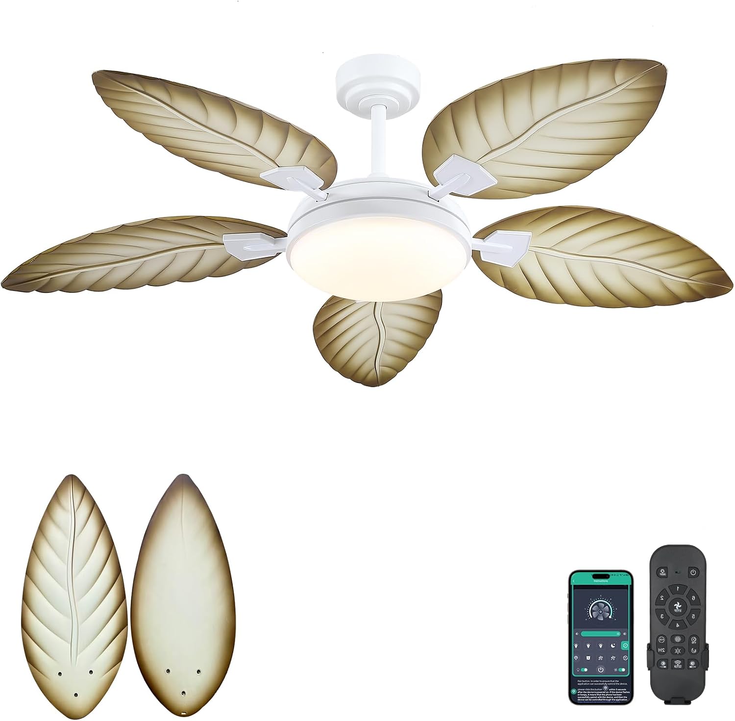 Kviflon 132 cm Moderner Deckenventilator, 50 W, Fernbedienung/App-Steuerung, Timer, Palmblattdesign in hellem Holzton