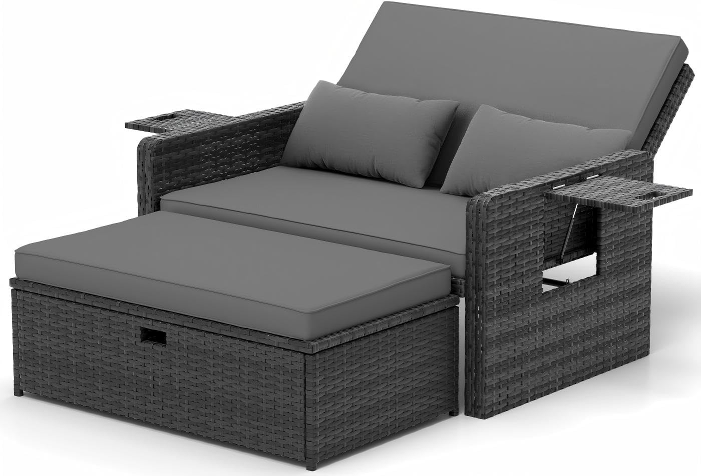 UDPATIO Rattan Lounge Möbel Outdoor Sofa, Rattan Sofa mit Stauraum, Verstellbares 2 Sitzer Garten-Bett für Terrasse
