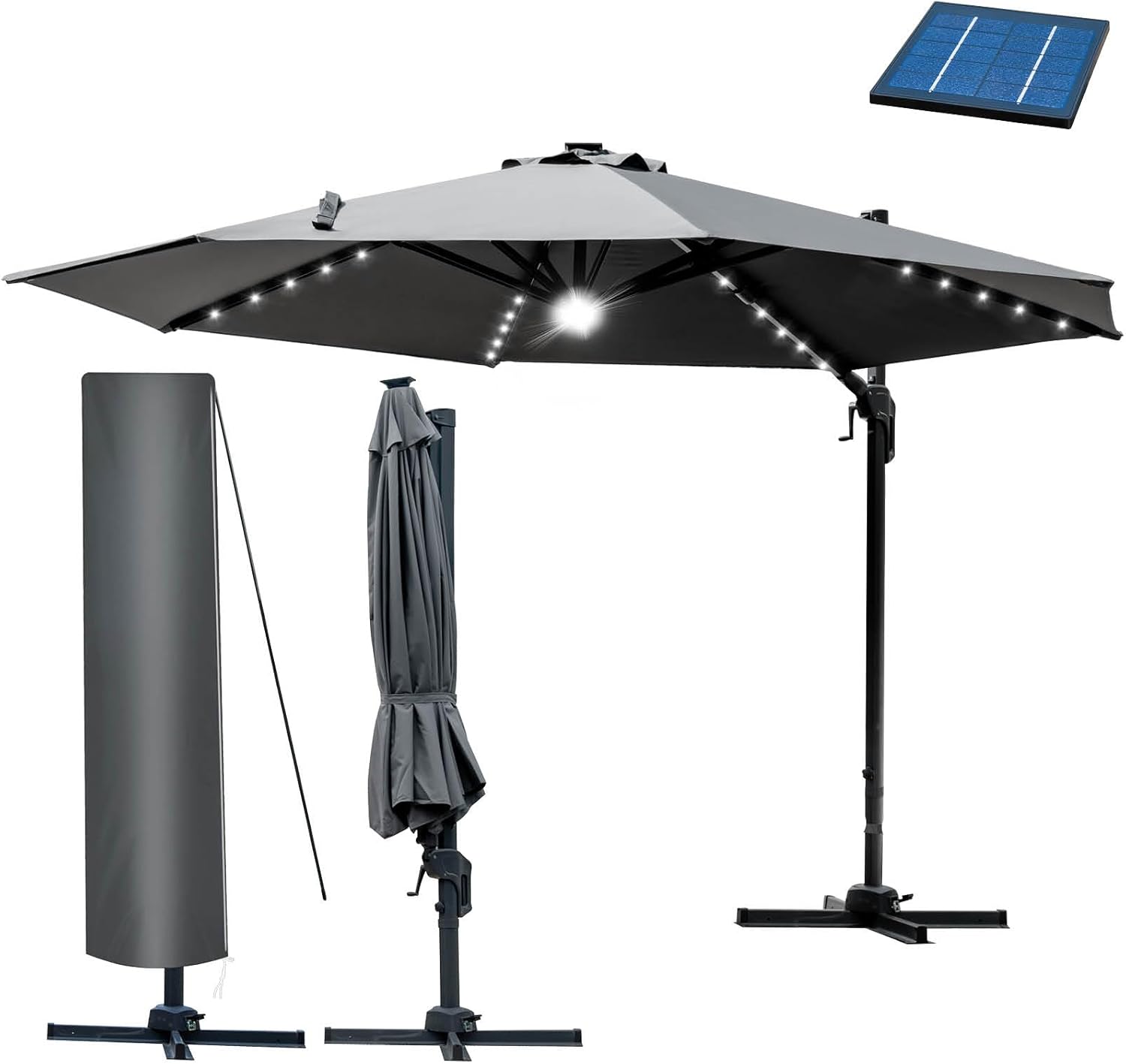 BRAST Alu Sonnenschirm, Ø300 cm Grau + LEDs, LED: Dauerbetrieb ca, UV-Schutz 50+, drehbar & höhenverstellbar, wetterbeständig