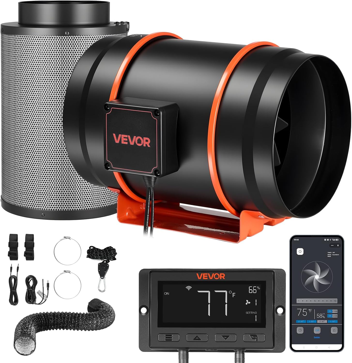 VEVOR 203 mm Rohrventilator mit Kohlefilter, 29,2 dB, 1372m³/h Inline-Rohrlüfter mit PWM & App-Steuerung