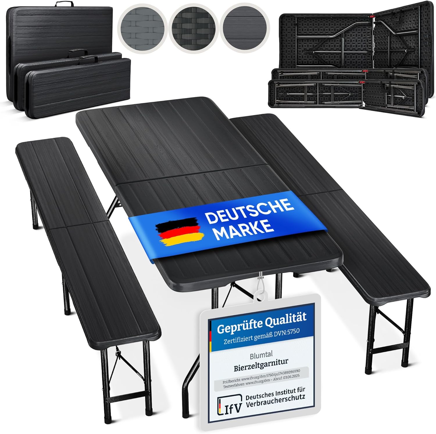 Blumtal Bierzeltgarnitur 3er Set Tisch, Biergartengarnitur in Holz-Optik Anthrazit, 2X Bierbank + 1x Biertisch