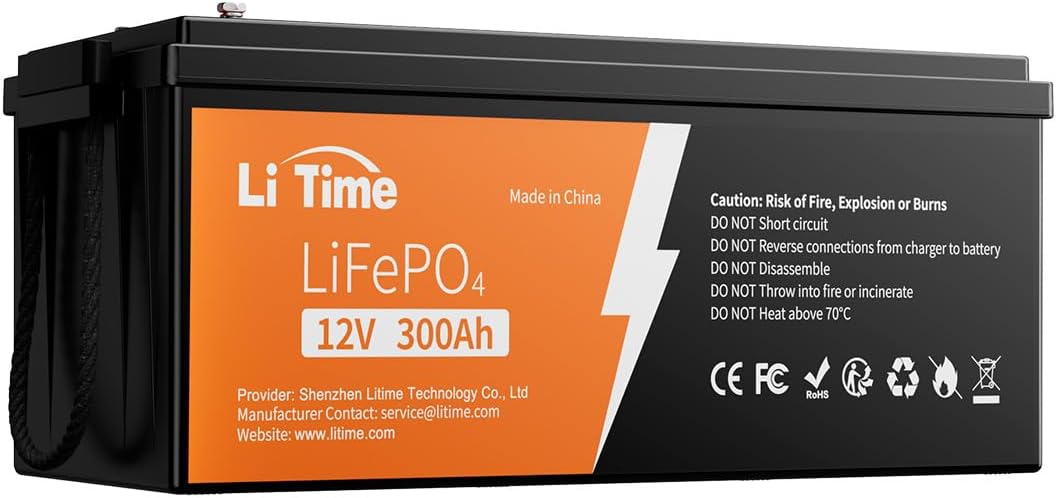 LiTime 12V 300Ah LiFePO4 Lithium Batterie, 40,96 kW, Eingebautes 200A BMS 3840Wh Energie Deep-Cycle-Batterien