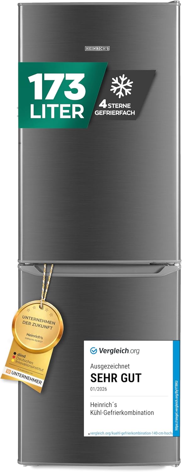 Heinrich´s Kühlgefrierkombination 173L Gesamtvolumen Kühlbox, leise 40 dB, LED Beleuchtung, 121L Kühlvolumen, 52L Gefriervolumen, 7Temperaturstufen