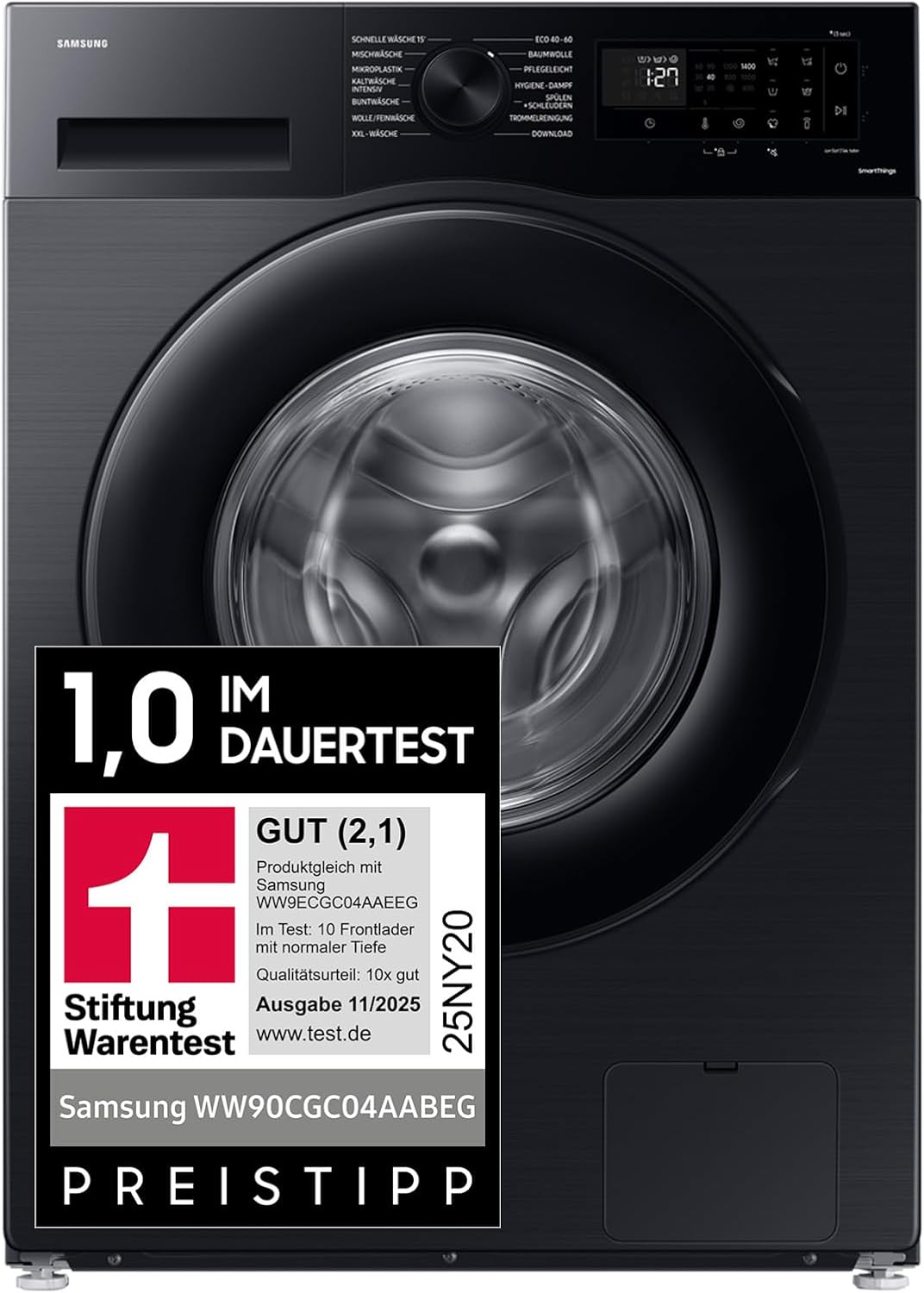Samsung Waschmaschine, 9 kg, App-Steuerung, 1.400 U/min, 14 Programme, WW90CGC04AABEG