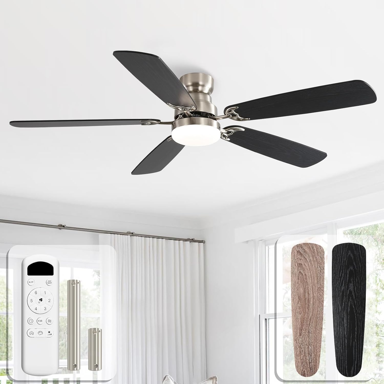 Sofucor Deckenventilator, 132 cm, 2 Downrods: 12,5 cm/25 cm), 30 dB, Timer, Fernbedienung, 5 Flügeln, 3 Farbtemperatur, 6 Geschwindigkeiten