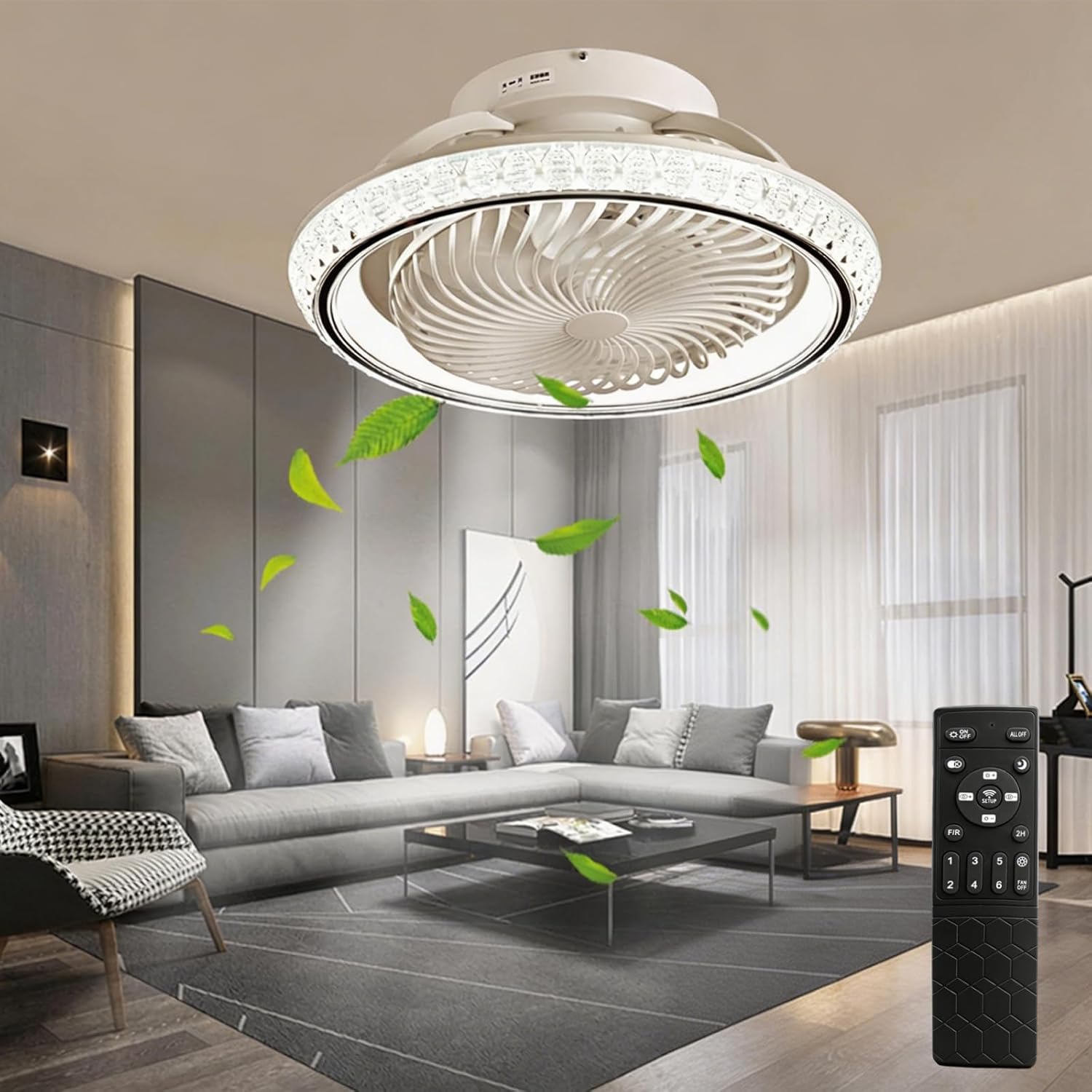 Deckenventilator mit Beleuchtung leise 360 Drehbar, 49 cm Moderne Deckenlampe mit Ventilator und Fernbedienung, 30 dB, APP Steuerung, 6 Windstufen