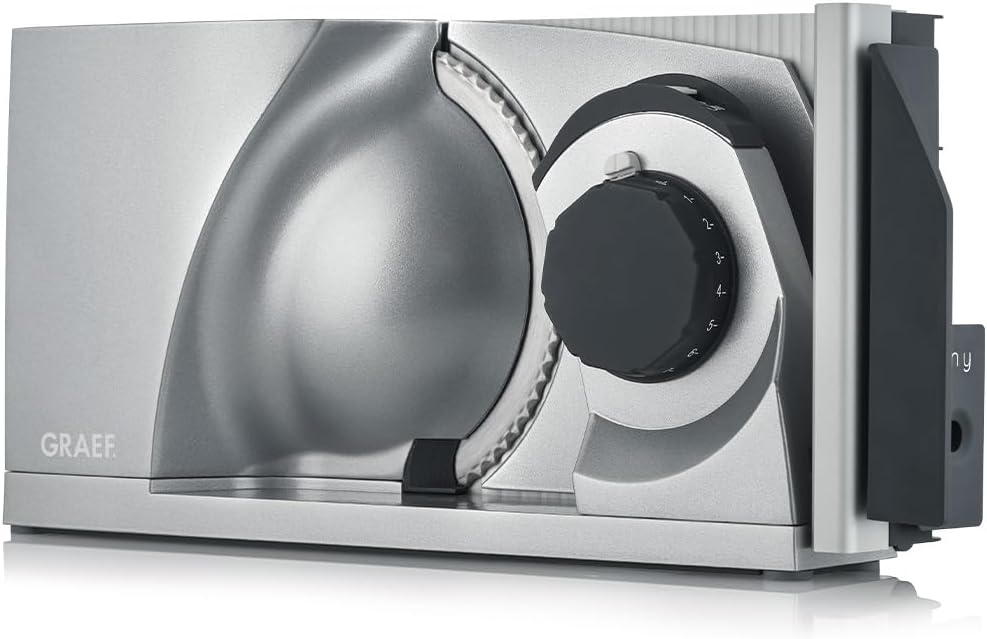 GRAEF. MYtiny MT1000 Tisch, Energiesparmotor 170 W, Klappbarer Allesschneider, Vollmetall, Wellenschliffmesser 170 mm, Schnittstärke 0-15 mm