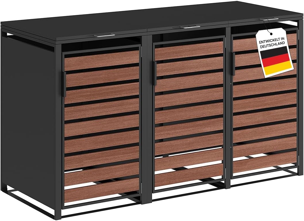STEELSØN Kestra Mülltonnenbox 3er bis 240L Tisch, 240 L, Mülltonnenverkleidung Stahl mit Sichtstreifen in Nußbaum-Holzoptik, Müllcontainer 3 Tonnen