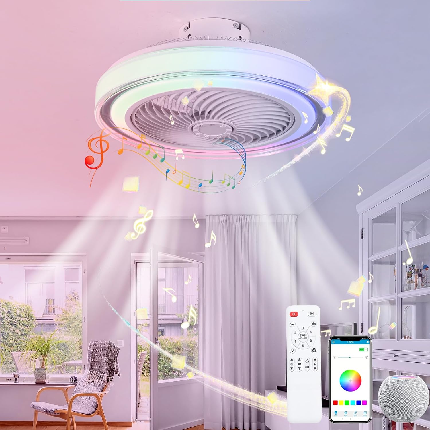 LED RGB Modern Fan Lampe Mit Ventilator, Fernbedienung, App-Steuerung