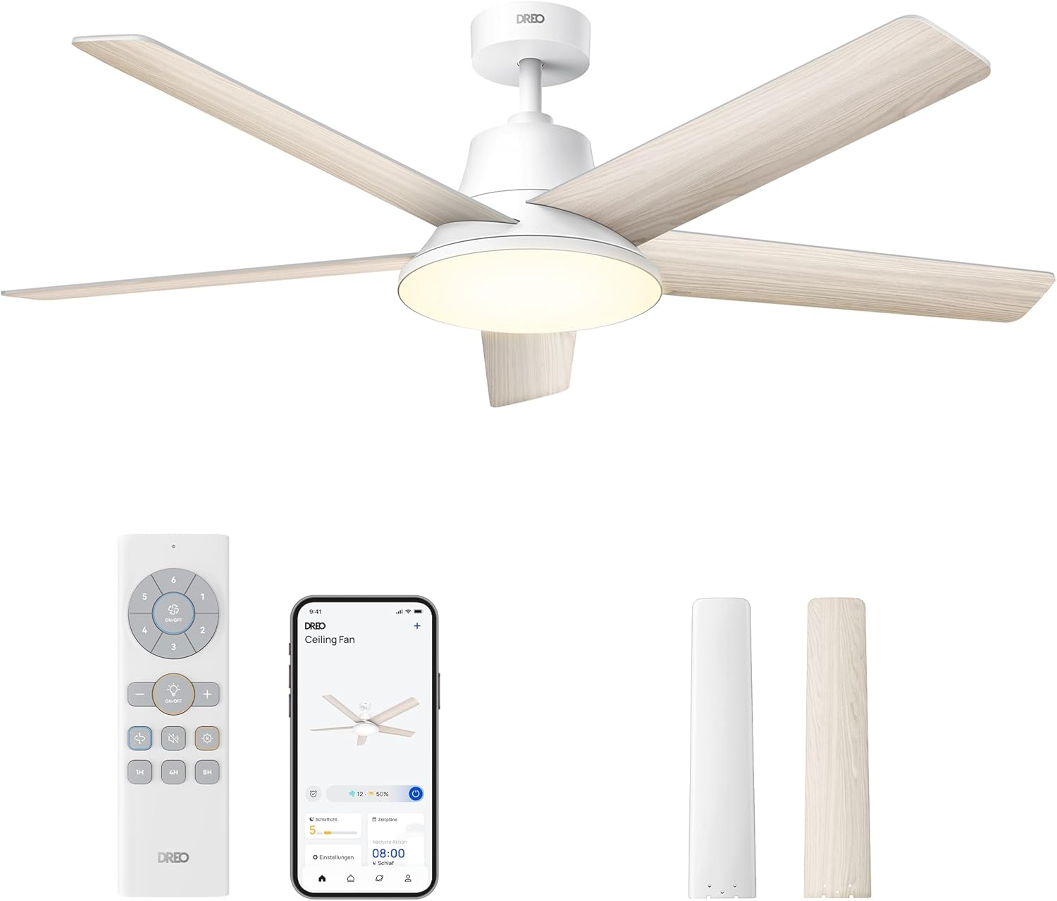DREO Smart Deckenventilator, 132 cm, stufenlos dimmbares LED-Beleuchtung, 12H-Timer, Fernbedienung/APP/Alexa, App-Steuerung, 12 Geschwindigkeiten