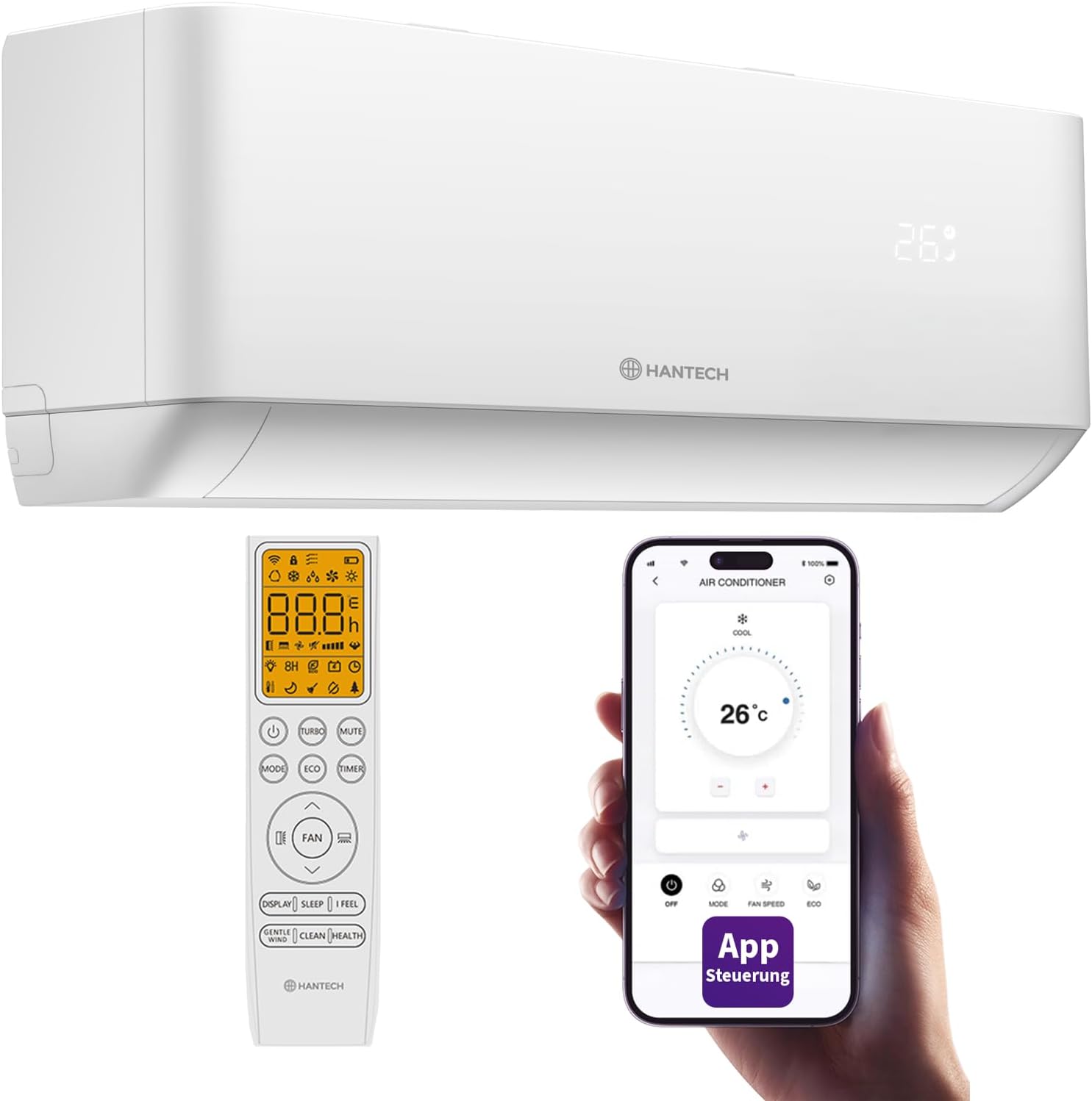 HANTECH H-PRO Multi-Split-Inneneinheit, 9.000 BTU für Räume bis 30 m², WLAN-App, Kühlen, Heizen, Entfeuchten, Gentlewind, Weiß